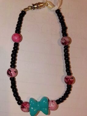 Womens Black Beaded Bracelet with Pink Marble Beads and Turquoise Bow